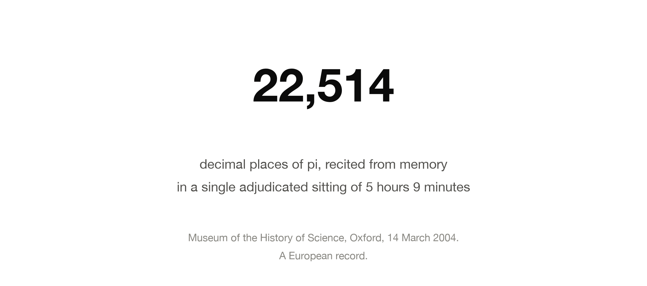 Daniel Tammet's 2004 European record: 22,514 decimal places of pi recited from memory over 5 hours and 9 minutes in Oxford