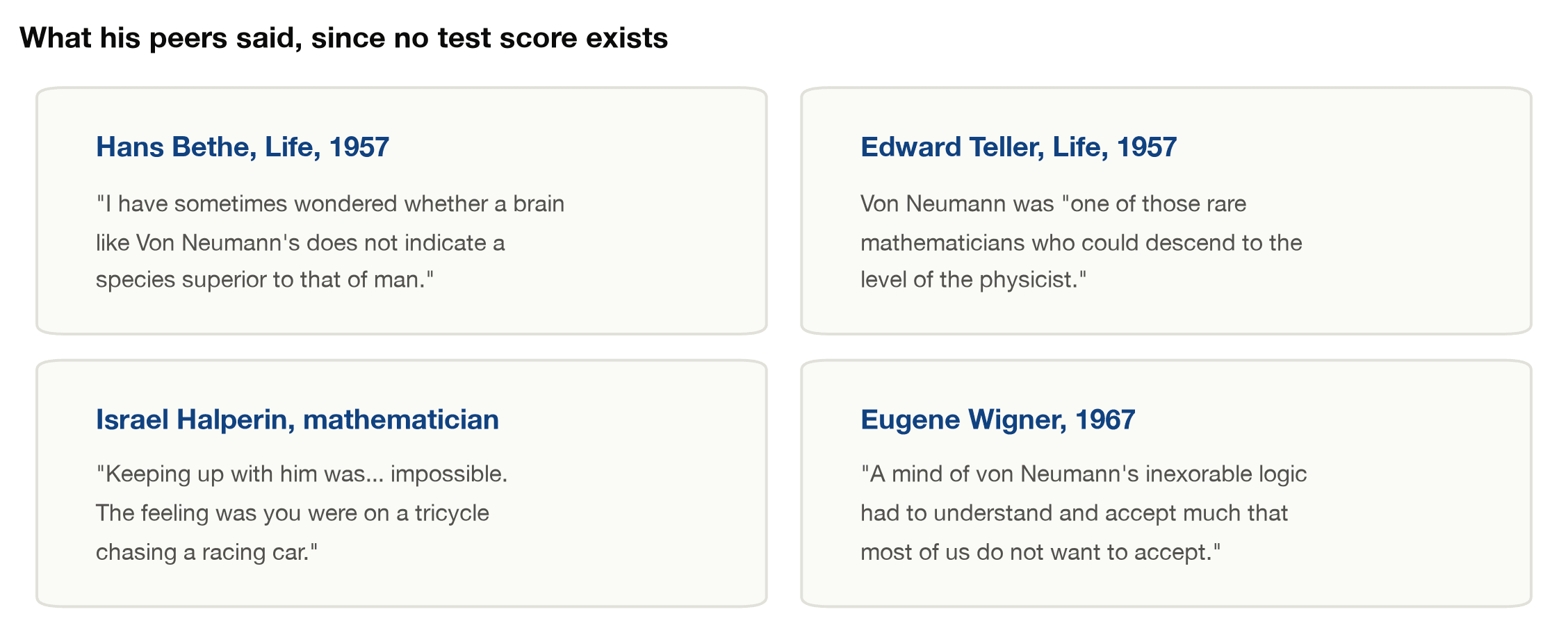 Quotes about John von Neumann's mind from Hans Bethe, Edward Teller, Israel Halperin, and Eugene Wigner
